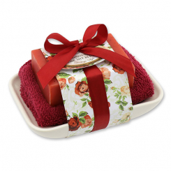 Sheep milk soap 150g on soap dish "Vintage motif 140", Rose with petals 