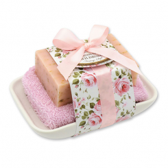 Sheep milk soap 150g on soap dish "Vintage motif 205", Wild rose with petals 