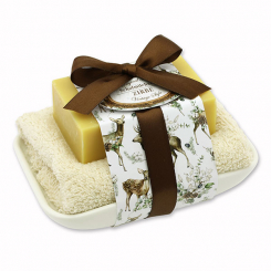 Sheep milk soap 150g on soap dish "Vintage motif 223", Swiss pine 