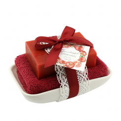 Square sheep milk soap 150g on soap dish, Pomegranate 