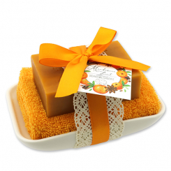 Square sheep milk soap 150g on soap dish, Tangerine-cinnamon 