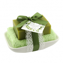 Square sheep milk soap 150g on soap dish, Olive oil 