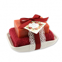 Square sheep milk soap 150g on soap dish, Rose 