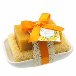 Square sheep milk soap 150g on soap dish, Marigold 