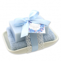 Square sheep milk soap 150g on soap dish, Forget-me-not 