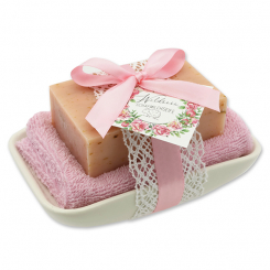 Square sheep milk soap 150g on soap dish, Wild rose 