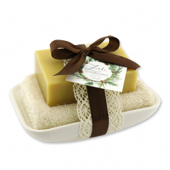 Schafmilchseife eckig 150g auf Seifenschale "Einzigartige Augenblicke", Zirbe 