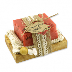 Kaltgerührte Schafmilchseife 150g auf Olivenholz-Seifenschale "Wohlfühlzeit", Rose mit Blüten 