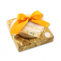 Schafmilchseife rund 100g auf Olivenholz-Seifenschale "Tausend Dank", Orange 