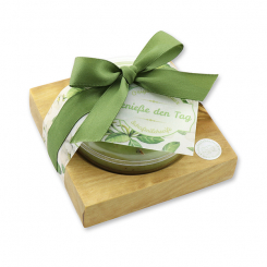 Sheep milk round 100g on a olive wood soap dish "Genieße den Tag", Verbena 