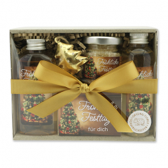 Geschenkset 4-teilig "Fröhliche Festtage für dich", Zirbe 