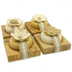 Sheep milk soap round 100g on olive wood soap dish, Classic/swiss pine 