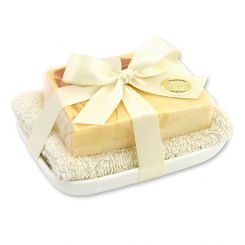 Handmade glycerin soap 90g in cello on a soap dish, Coconut 