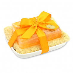 Handmade glycerin soap 90g in cello on a soap dish, Mandarin 