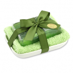 Handmade glycerin soap 90g in cello on a soap dish, Grape 