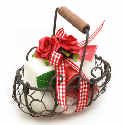 Wire basket filled with a sheep milk soap 100g and a heart 23g pomegranate decorated with a rose, Classic 