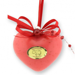 Sheep milk soap heart 30g hanging, decorated with a pearl ribbon, Rose with petals 