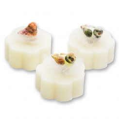 Schafmilchseife Blume mini 20g dekoriert mit Vogel, Classic 