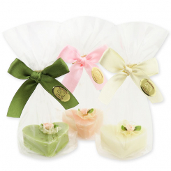 Schafmilchseife Herz 23g dekoriert mit Rose in Cello, sortiert 