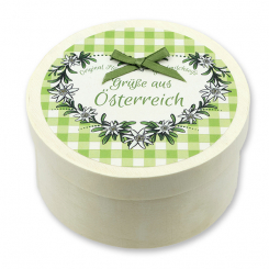 Sheep milk soap heart 65g with swiss pine shavings in a box "Greetings from Austria", Edelweiss 