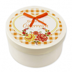 Schafmilchseife Herz midi plus 65g mit Zirbenspäne in Spanschachtel "Grüße aus Österreich", Grapefruit 