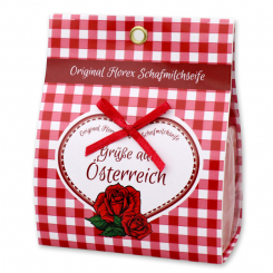 Schafmilchseife eckig 100g in Papier-Tasche "Grüße aus Österreich", Rose mit Blüten 