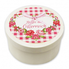 Schafmilchseife Herz midi plus 65g mit Zirbenspäne in Spanschachtel "Grüße aus Österreich", Pfingstrose 