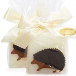 Schafmilchseife Quadrat 35g dekoriert mit Igel in Cello, Classic 