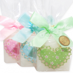 Schafmilchseife Quadrat 35g dekoriert mit Stoff Herz in Cello, Classic 