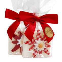 Schafmilchseife Quadrat 35g dekoriert mit Edelweiß rot in Cello, Classic 
