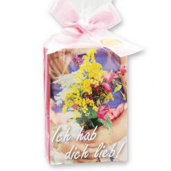 Sheep milk soap 150g in a cellophane bag "Ich hab dich lieb", Peony 