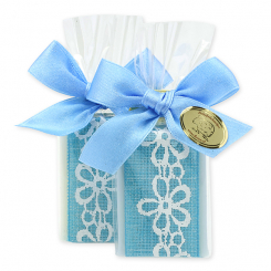 Schafmilchseife Gästeseife 25g dekoriert mit Blumenband in Cello, Classic/Vergissmeinnicht 