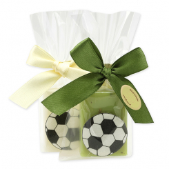 Sheep milk guest soap 25g decorated with a football in a cellophane, Classic/verbena 
