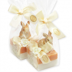 Schafmilchseife Quadrat 2x35g dekoriert mit Hase in Cello, Classic/Zirbe 