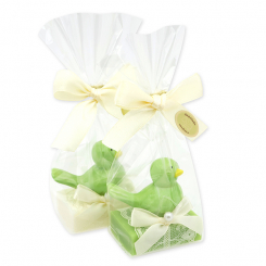 Sheep milk guest soap 25g decorated with a bird in a cellophane, classic/pear 