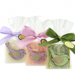 Schafmilchseife Quadrat 35g dekoriert mit Vogel in Cello, sortiert 