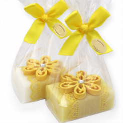 Sheep milk soap 100g decorated with a felt flower in a cellophane, Classic/chamomile 