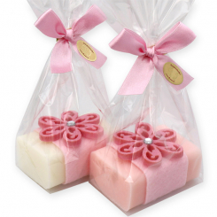 Schafmilchseife eckig 100g, dekoriert mit Filzblume und Filzband in Cello, Classic/Rose 