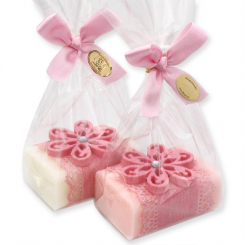 Schafmilchseife eckig 100g dekoriert mit Filzblume in Cello, Classic/Pfingstrose 