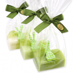 Schafmilchseife eckig 100g dekoriert mit Stoffhase in Cello, sortiert 