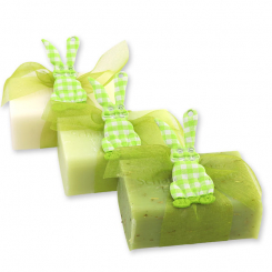 Schafmilchseife eckig 100g dekoriert mit Stoffhase, sortiert 