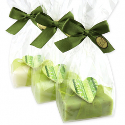 Schafmilchseife eckig 100g dekoriert mit Holzherz in Cello, sortiert 