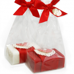 Schafmilchseife eckig 100g dekoriert mit Stoffherz kariert in Cello, Classic/Granatapfel 