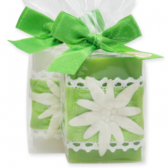 Sheep milk soap 100g decorated with an edelweiss in a cellophane, Edelweiss/green apple 