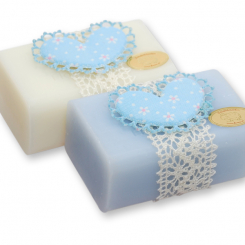 Schafmilchseife eckig 100g dekoriert mit Stoffherz, Classic/Vergissmeinnicht 