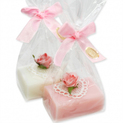 Schafmilchseife eckig 100g dekoriert mit Rose in Cello, Classic/Pfingstrose 