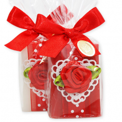 Schafmilchseife eckig 100g dekoriert mit Rose in Cello, Classic/Granatapfel 