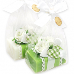 Schafmilchseife eckig 100g dekoriert mit Rosen in Cello, Classic/Birne 
