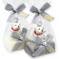 Schafmilchseife eckig 100g dekoriert mit Mops in Cello, Classic/Christrose 