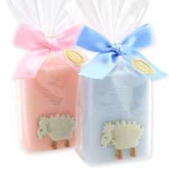 Sheep milk soap 100g decorated with a sheep in a cellophane, Peony/'forget-me-not' 